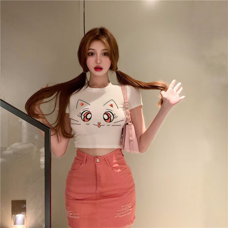 3d大眼睛t恤女直播上镜好看衣服短袖短款紧身性感纯欲上衣显胸大 512