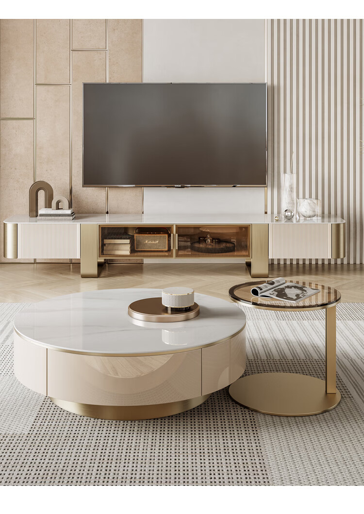 菲斯极简圆茶几轻奢岩板茶几电视柜组合现代简约客厅不锈钢大小圆形子