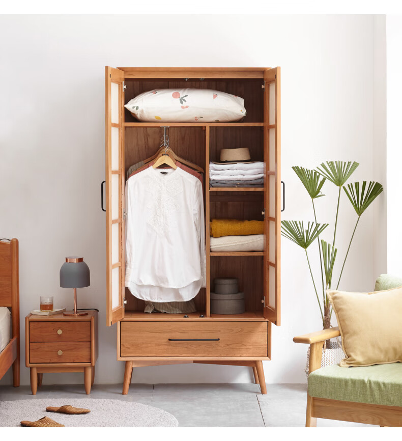 慕帆(mufan)北欧实木衣柜简约现代家用卧室衣帽柜小户型原木藤编衣