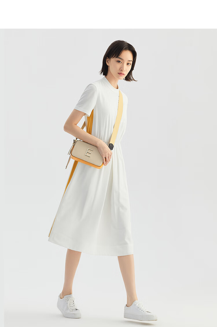 eachway艺之卉连衣裙女2022年春新品收腰拼色休闲舒适t恤裙81本白m