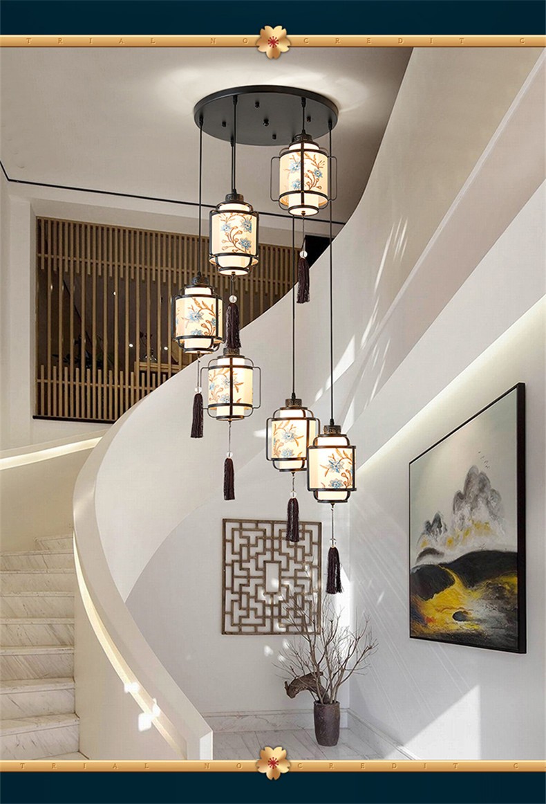 宏影 新中式旋转楼梯吊灯中国风刺绣长吊灯复式楼跃层别墅楼梯间转角