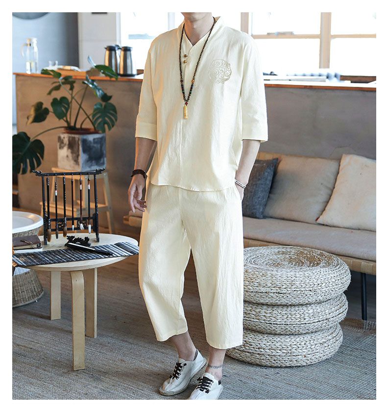 亚麻睡衣春七分袖套装男大码中国风汉服领唐装可外穿睡衣家居服藏青色