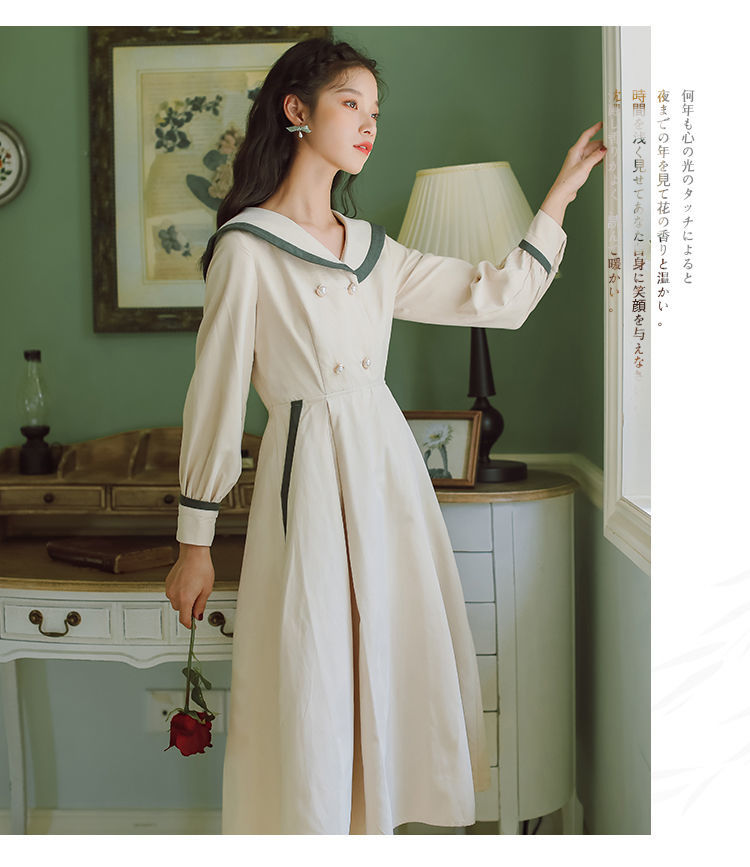 海军风翻领中长裙女收腰显瘦秋冬2020新款文艺复古长袖连衣裙过膝