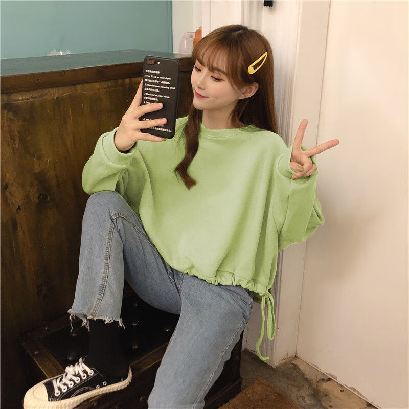牛油果绿卫衣牛油果绿卫衣女韩版抽绳收腰短款上衣慵懒风ins春秋外套