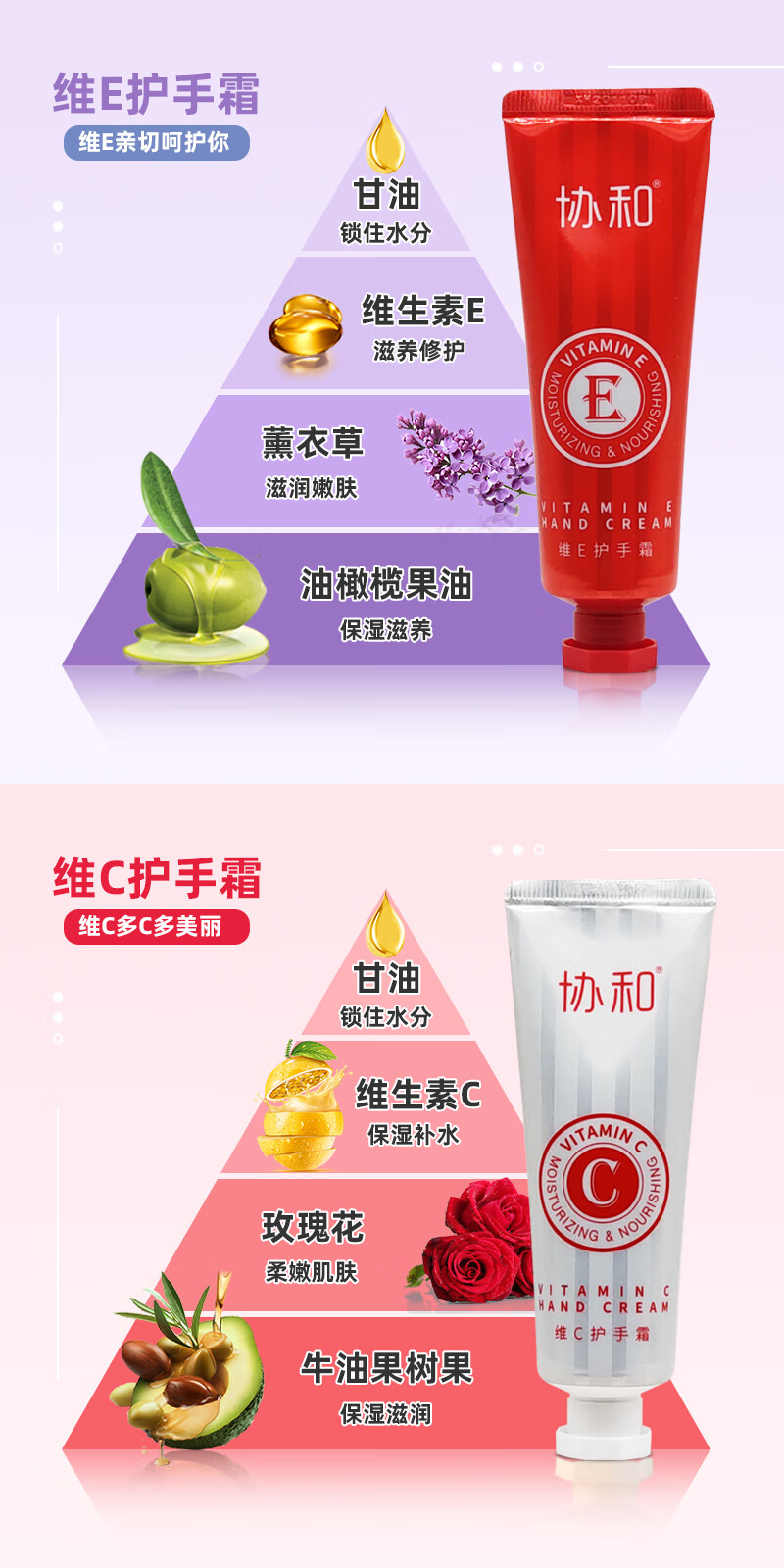 2支协和维e 维c乳护手霜滋润保湿补水嫩白夏季护肤不油腻套装男女 全