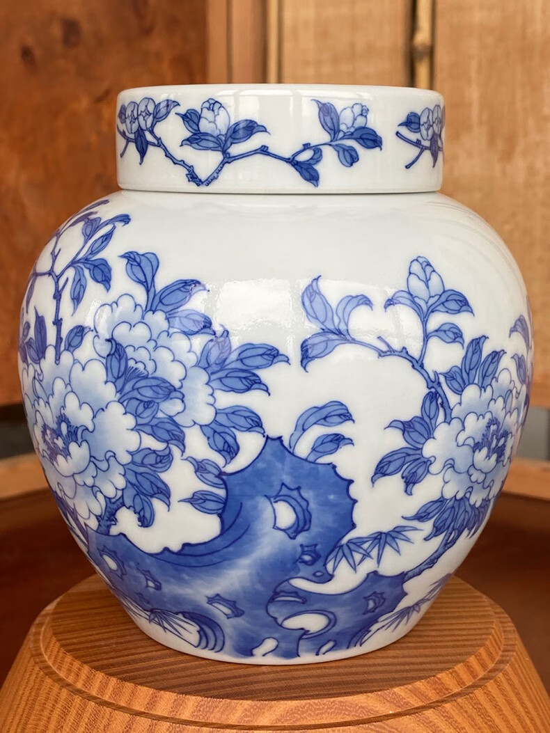 景德镇春风祥玉 邹俊窑制 八字款 山石牡丹花鸟 内盖 茶叶罐盖罐