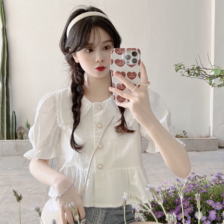 清弗娃娃领短袖衬衫少女夏装2022年新款初中高中学生可爱百搭短款衬衣