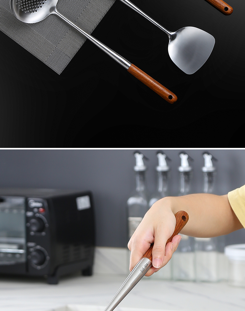 炒菜勺子厨师专用铲子家用厨房304不锈钢加厚老式木把手炒勺长柄炒铲