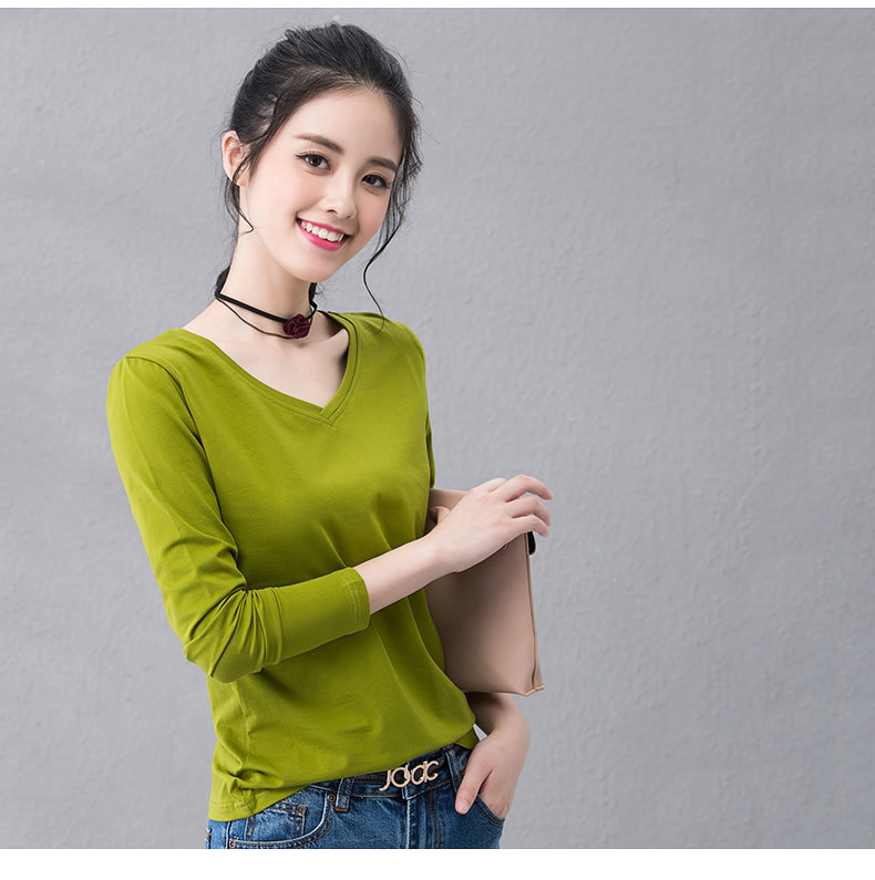 美国uaisi夏季新款女式t恤衫长袖全棉体恤v领t恤纯棉针织汗衫上衣