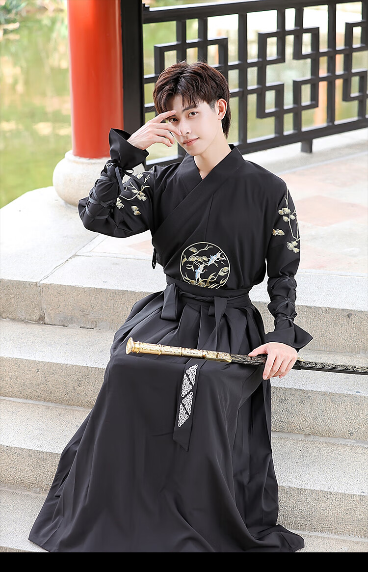 裳厢记汉服男锦衣卫 中国风古装大码交领长袖二件套汉服男生黑色书生