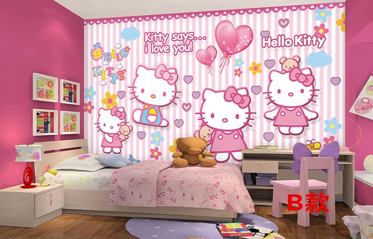 儿童房粉色壁纸卡通墙纸女孩卧室壁画凯蒂猫kitty主题幼儿园墙布 无缝