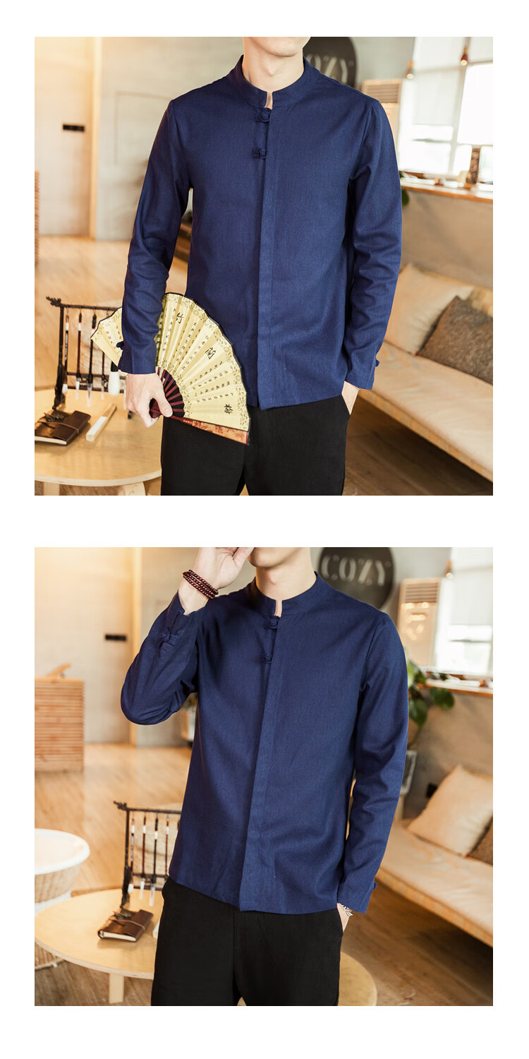 海帝尼黑色中华小立领衬衫男长袖中国风潮流修身圆领商务中山领棉衬衣