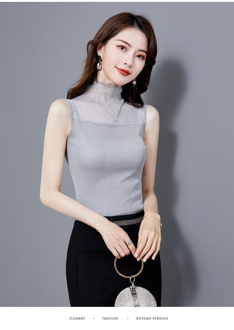 【女士吊带打底背心】半高领打底衫女薄款亮丝春装紧身内搭网纱上衣