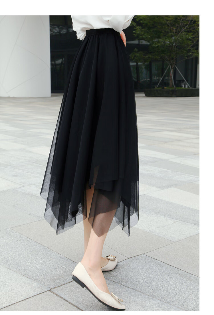 冬天穿的网纱半身裙冬款不规则女秋冬中长款百褶仙女裙高腰显瘦黑纱裙