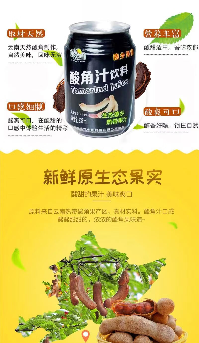 云南傣乡果园老牌子酸角汁易拉罐装整箱泡沫封装12罐238ml12罐箱