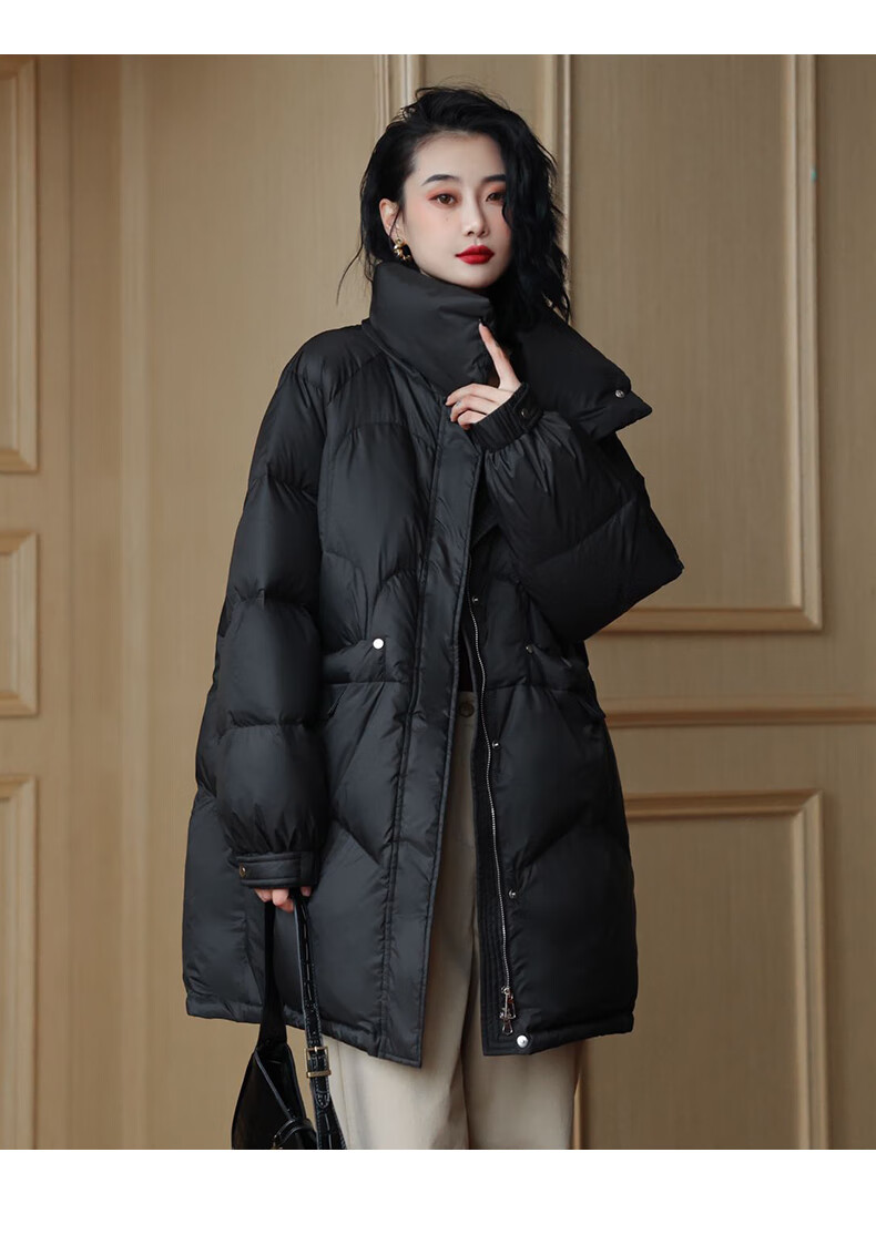 鸭鸭羽绒服女款2022年新品中长款立领纯色百搭时尚休闲鸭绒外套c
