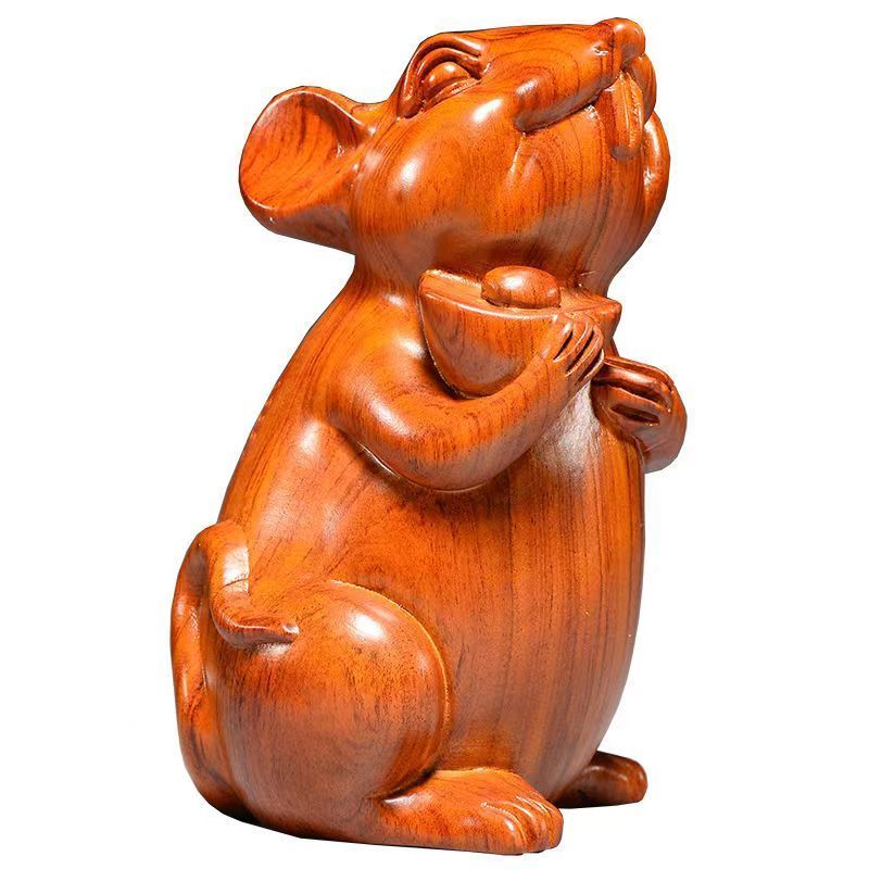 木雕装饰摆件老鼠木头鼠雕刻家居客厅开业工艺品十二生肖送礼 精雕福