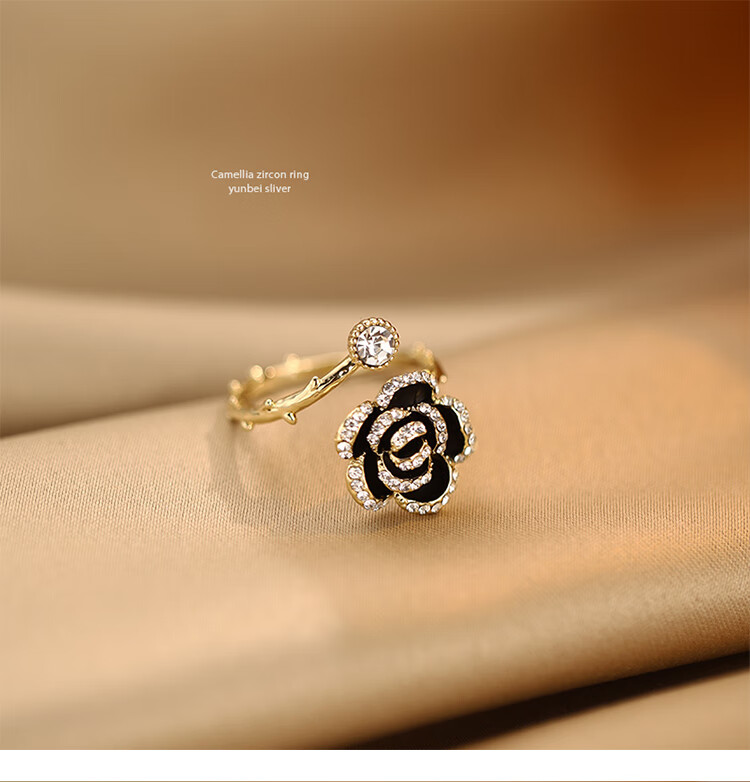 山茶花戒指女复古小众设计感开口食指指环ins风2022年新款潮维爱一生