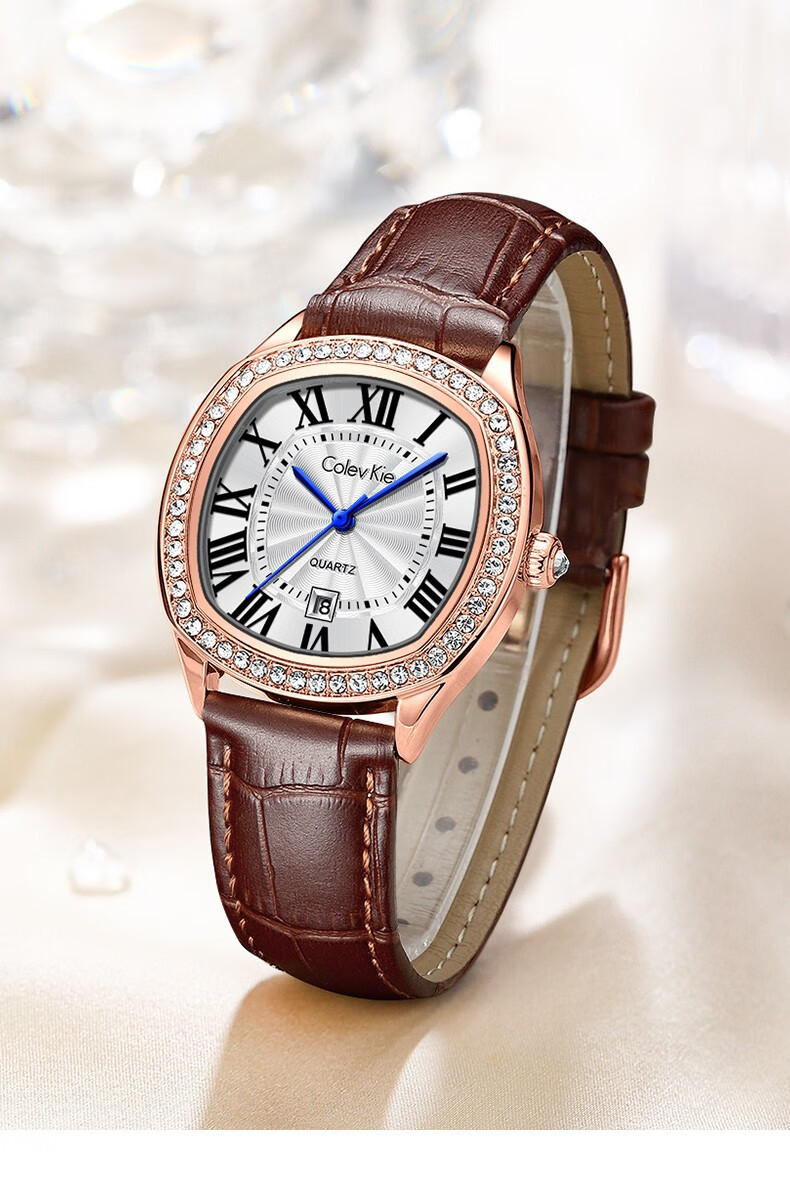 colevkie品牌手表女士新款简约轻奢复古学生镶钻女表皮带款防水生日