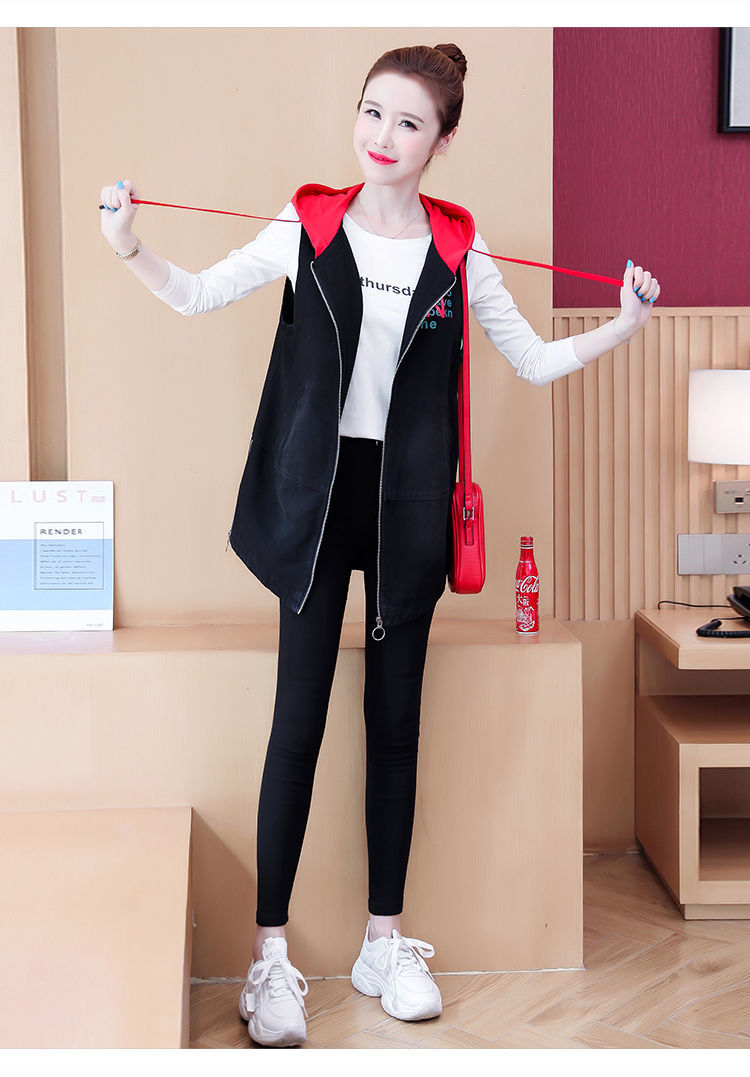 秋季牛仔马甲女韩版中长款百搭连帽无袖拉链坎肩马夹背心外套图片色m