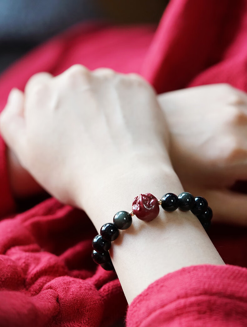 黑曜石彩色双眼朱砂十二生肖手链男女本命年属鼠转运手串情侣水晶首饰