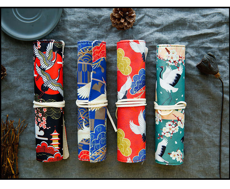 y沐染中国风古风笔袋宫廷风故宫花朵仙鹤创意铅画笔袋卷笔帘文具盒