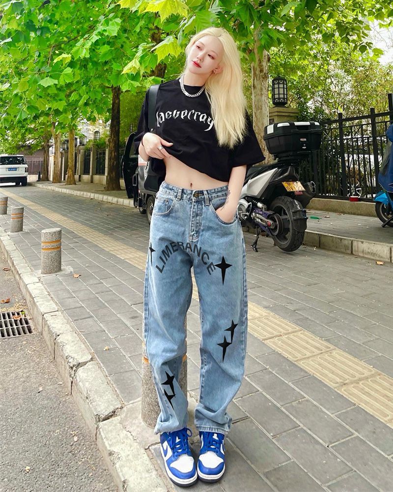 国潮高街十字架刺绣牛仔裤女秋季欧美式街头复古hiphop辣妹风长裤黑色