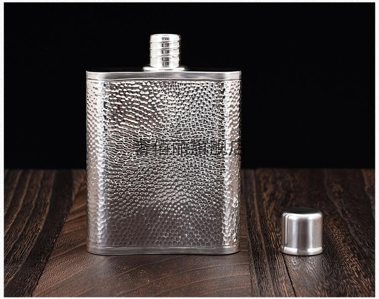 随身酒壶纯银银器时代纯银手工锤纹亮面行军酒壶储酒壶s999纯银便携式