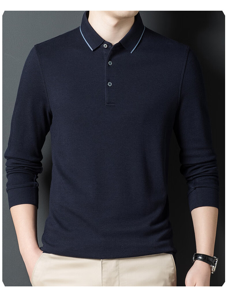 lecen高端品牌轻奢侈品男装高档长绒棉长袖t恤男士春秋季翻领含羊毛