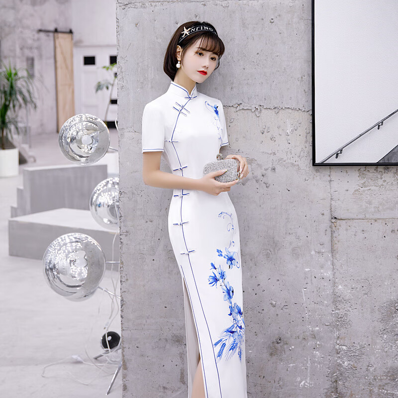 中国风青花瓷旗袍长款20夏短款年轻立领日常丝绸长款连衣裙显瘦女装