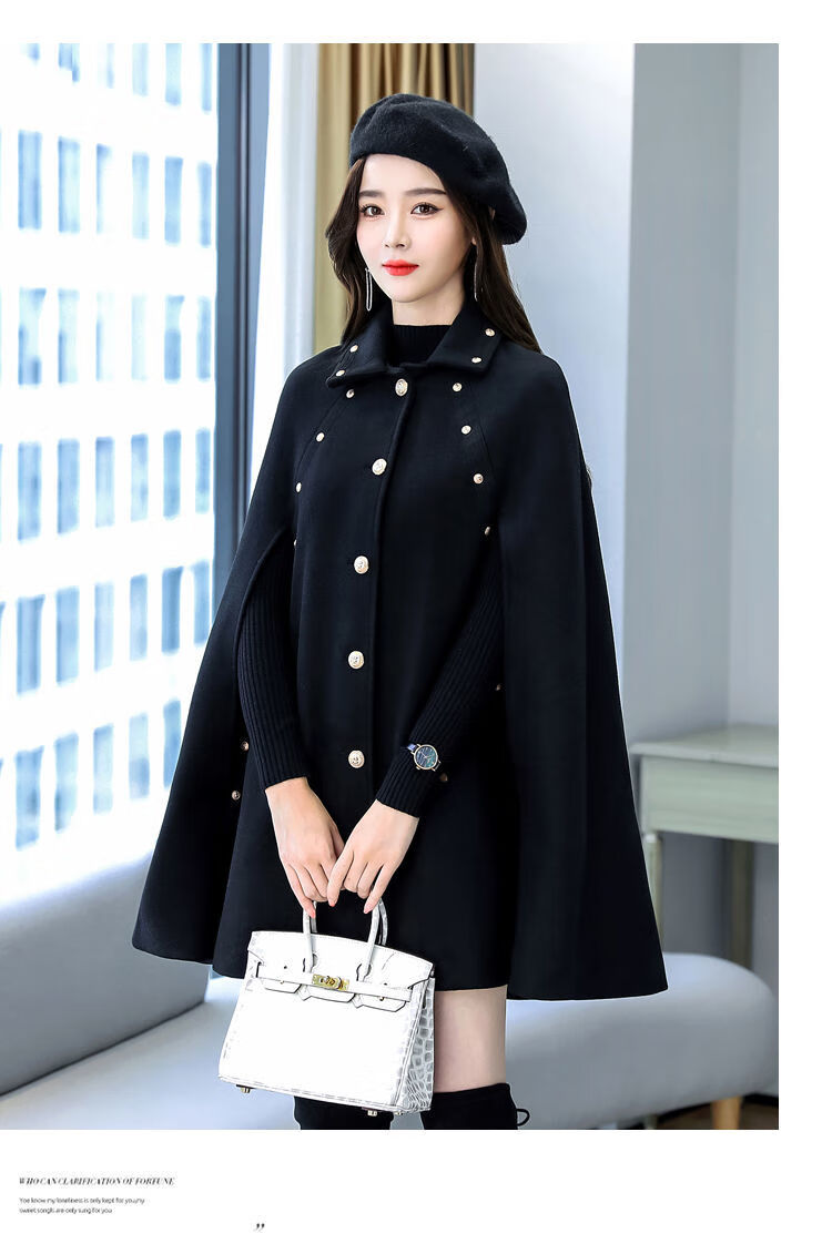 黑色斗篷外套女秋冬2021新款中长款宽松毛呢披肩赫本加厚呢子大衣黑色