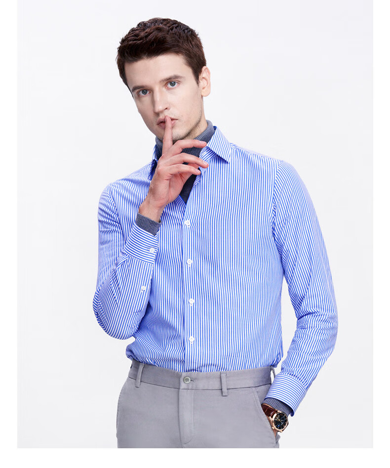 jodoll乔顿男士衬衫长袖新款纯棉修身商务休闲职场竖条纹衬衣男浅蓝39