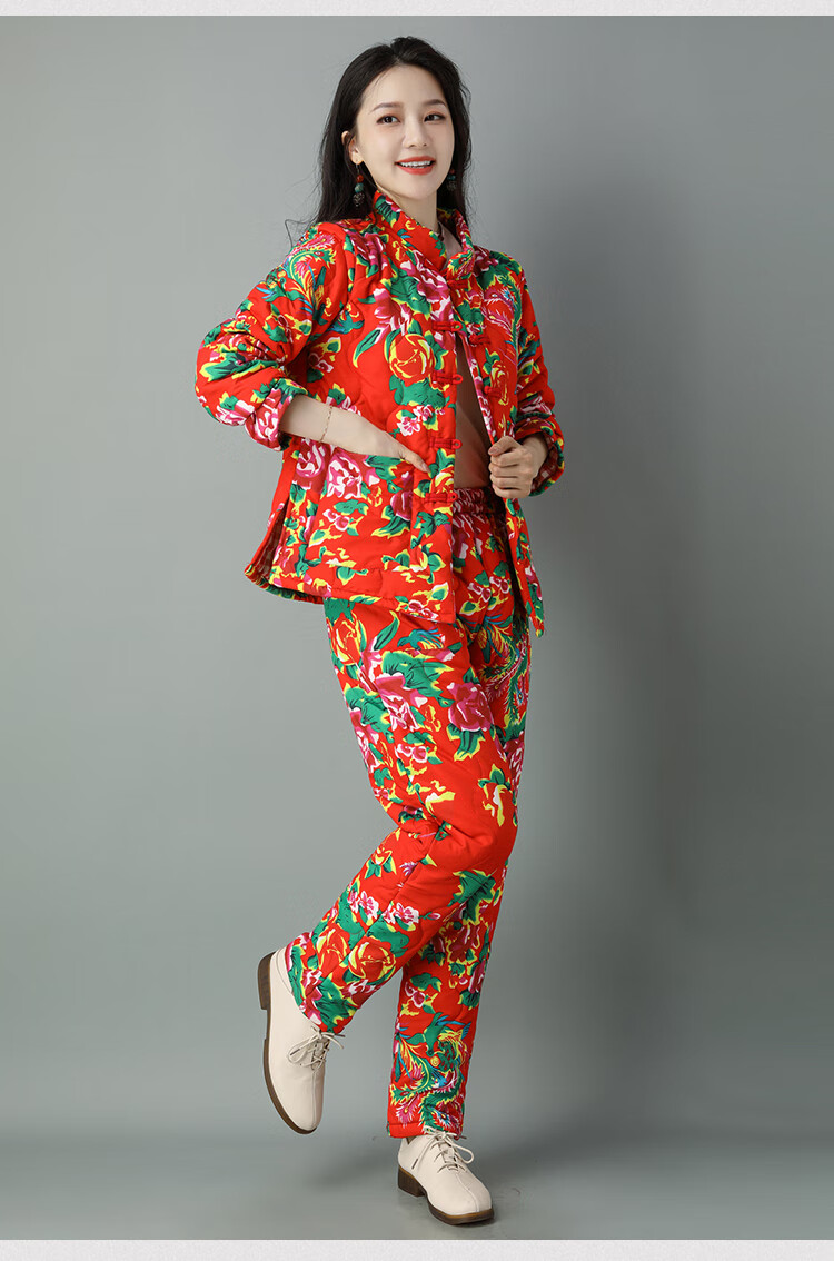 东北花棉袄女大花布衣服棉衣棉裤套装冬加厚盘扣民族风棉袄女冬季棉服