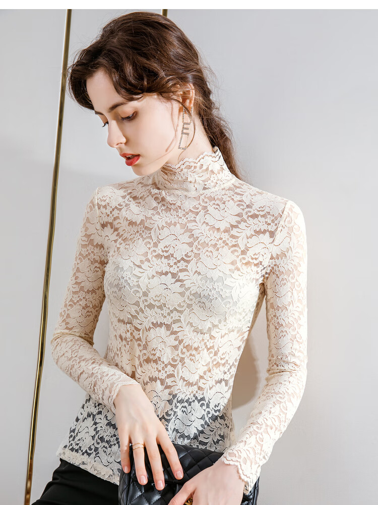 欧芝婷半高领蕾丝打底衫女秋冬内搭长袖洋气小衫性感镂空雷丝上衣