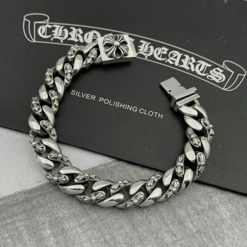 欧凯伦925银ch克罗心个性十字花手链男女欧美复古十字架泰银手链10mm