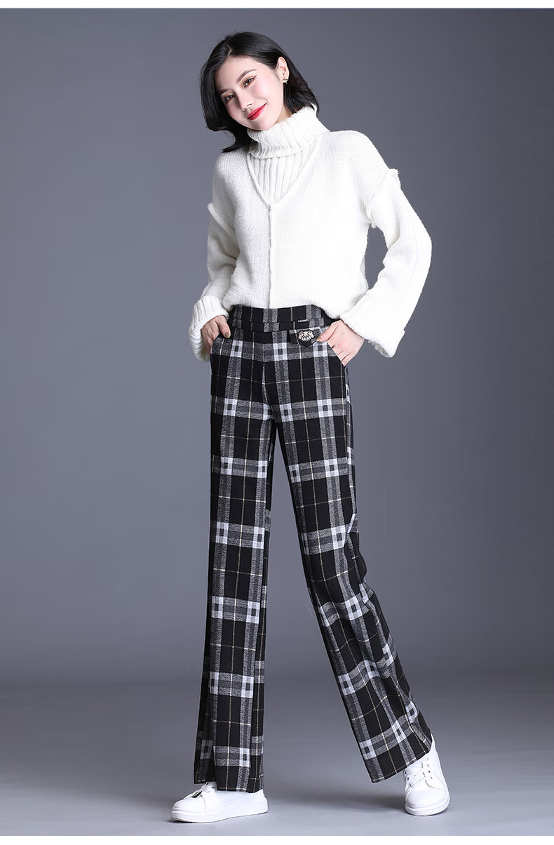 女式毛呢格子大脚裤2021秋冬新款高腰垂坠感时尚毛呢休闲裤直筒宽松大