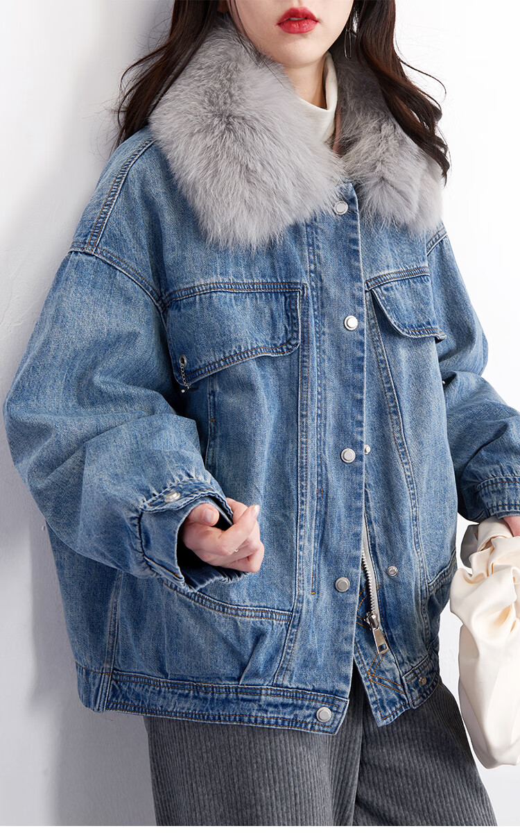 牛仔羽绒外套毛领内胆可拆卸新款冬季小个子派克羽绒服女g165白色m