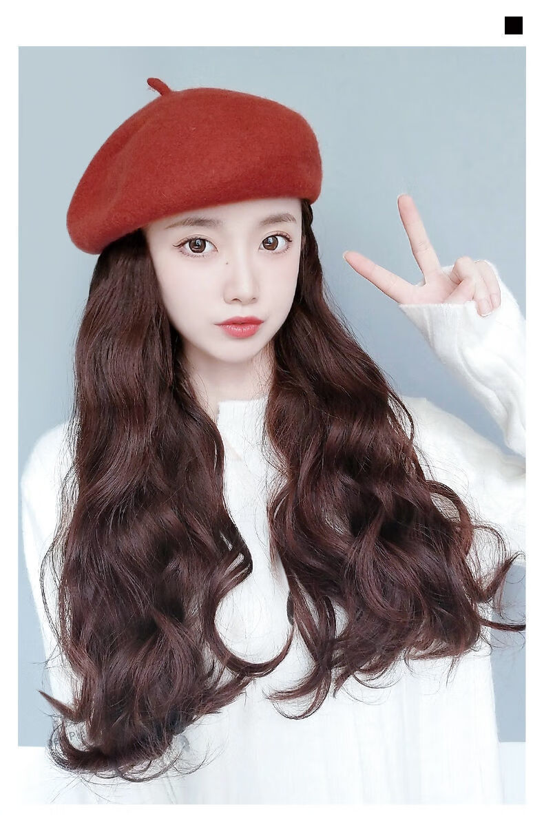 唐妮假发帽子一体毛呢贝雷帽网红复古长卷发秋冬时尚百搭带头发假发帽