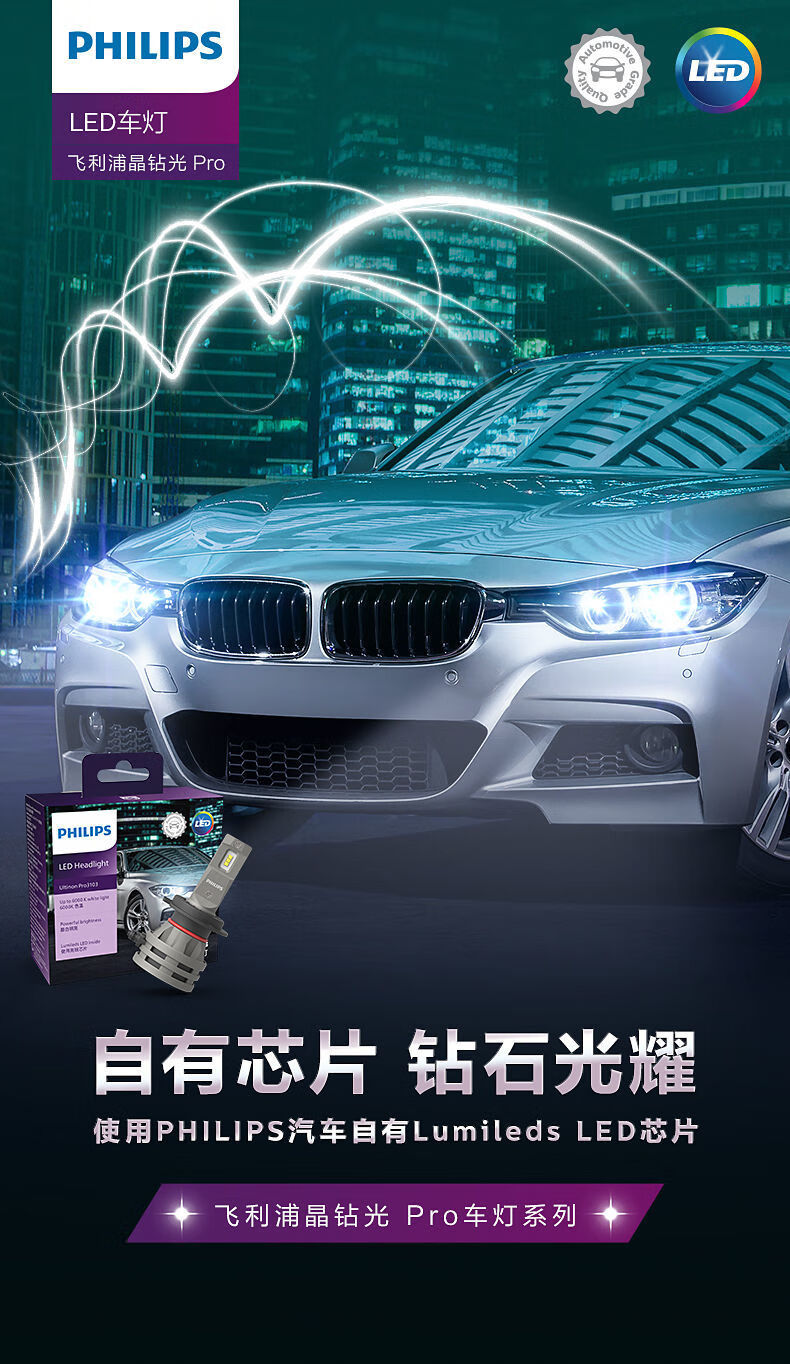 飞利浦led车灯晶钻光pro汽车大灯h4 h7 h11 hb3 9012远光灯近光灯