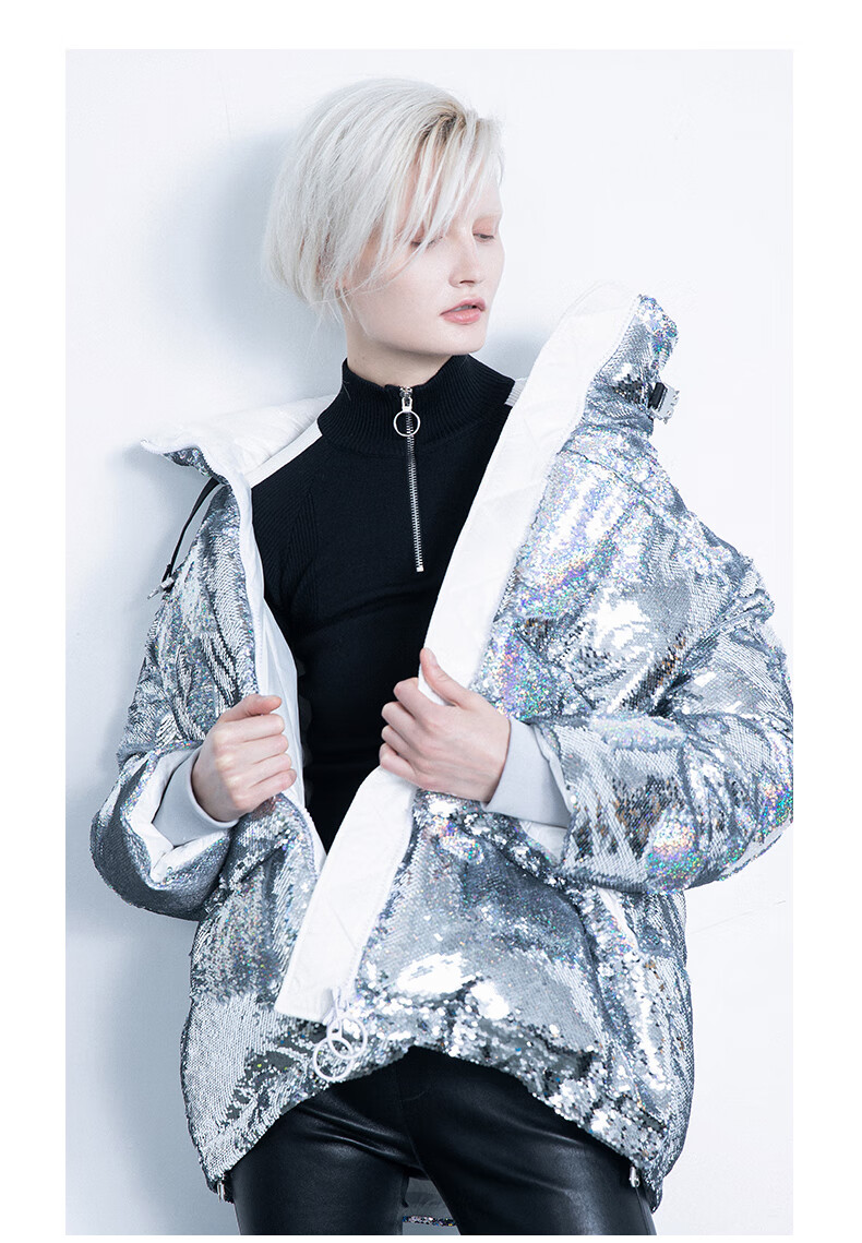 张帅原创秋冬银色亮片系扣羽绒服女银色s