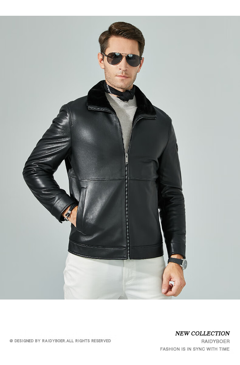 raidy boer/雷迪波尔冬季新款男绵羊皮内里仿羊羔毛真皮皮衣2026 黑色