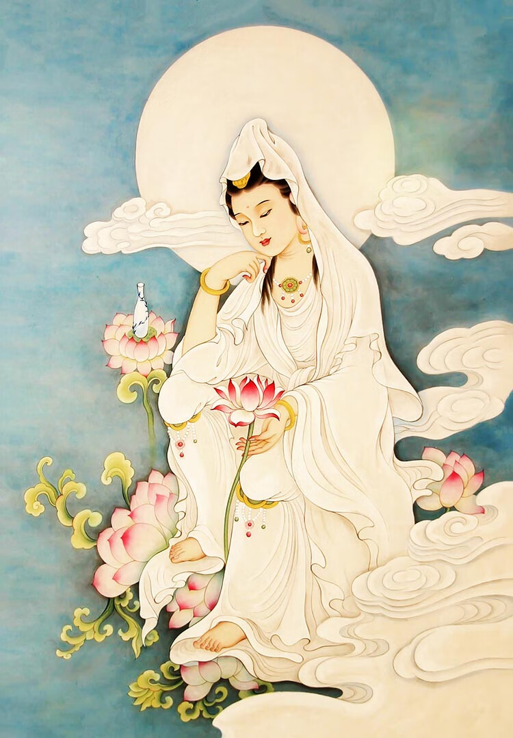 观音大士净瓶施药观世音菩萨画像结缘卷轴挂画图鱼蓝观音成品55100