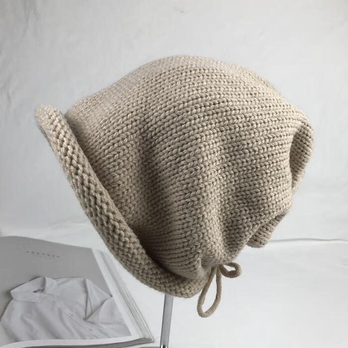 日系抽绳系带兜兜帽针织卷边堆堆帽毛线帽子女秋冬天新款时尚潮帽 深