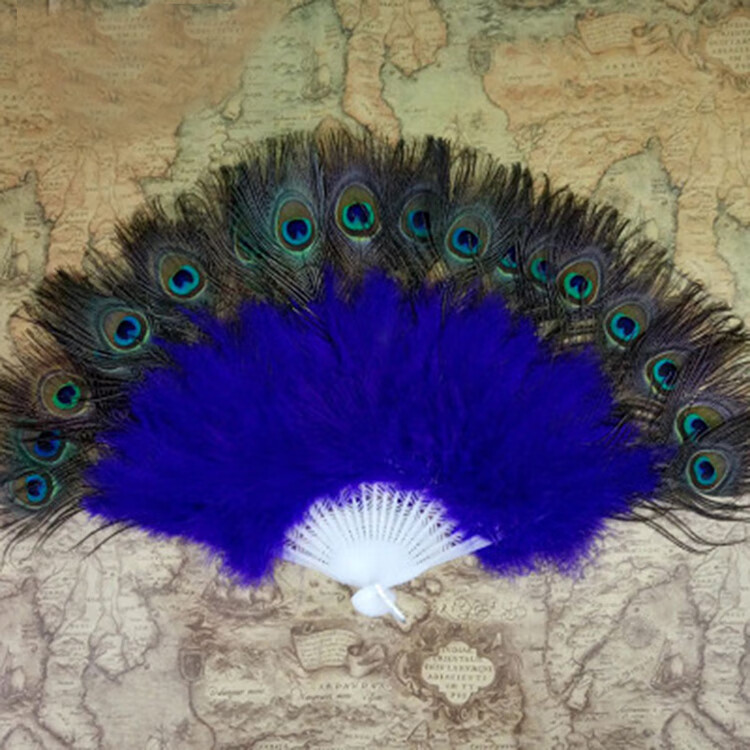 羽毛扇 古典羽毛扇子 21骨孔雀毛扇子 肚皮舞 舞蹈扇子 深蓝 61*35cm