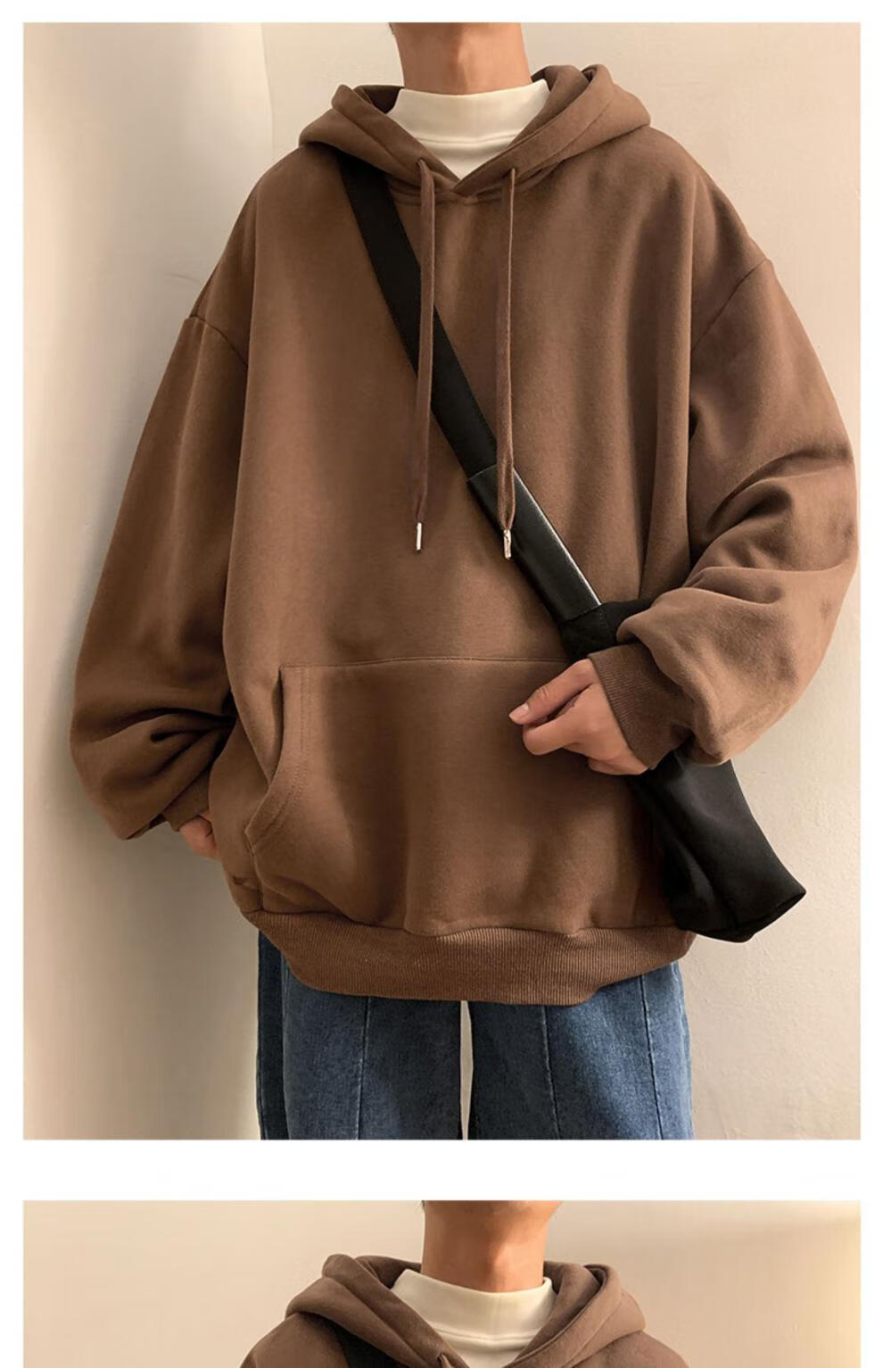 途足豹 棕色加绒520g重磅卫衣男春秋季潮ins纯色上衣连帽情侣装长袖