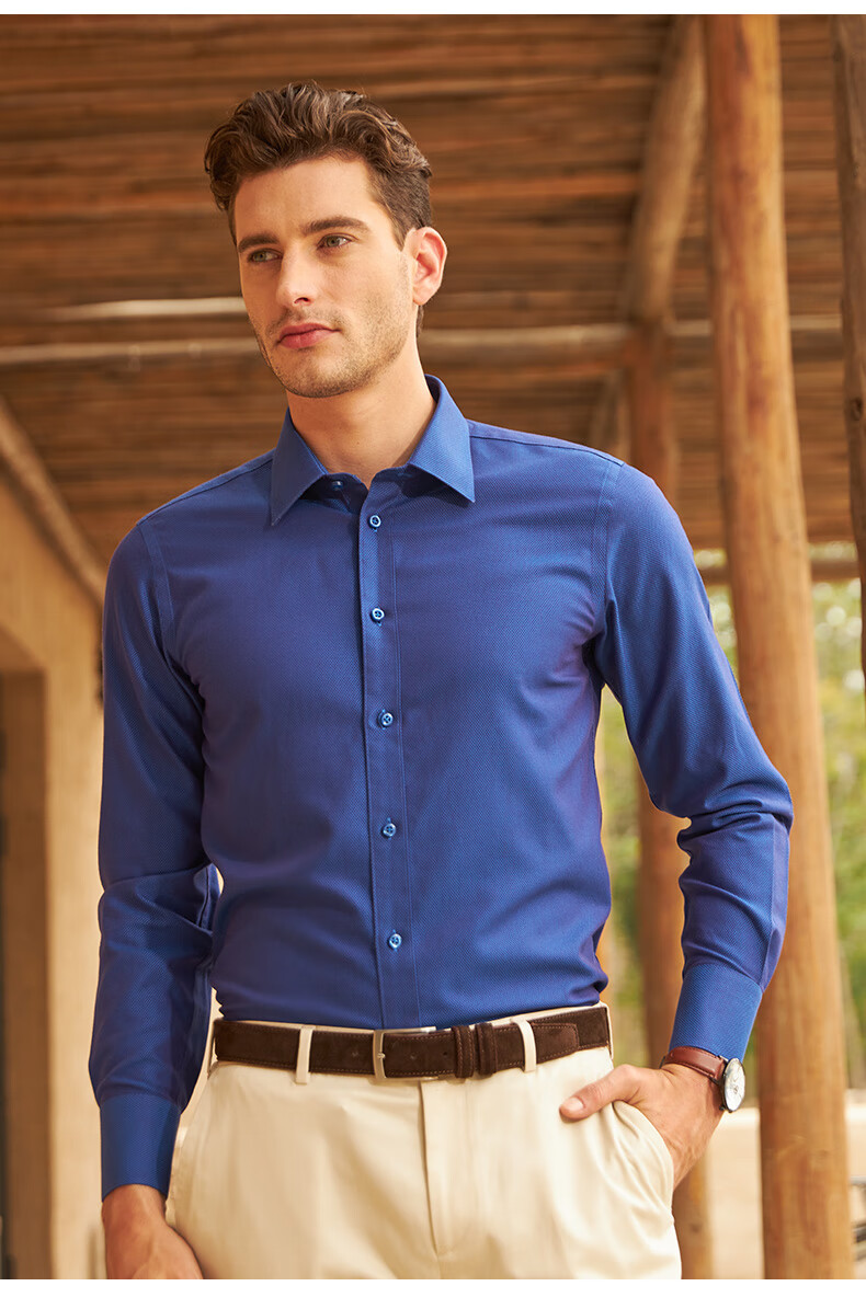 意大利恺米切免烫商务休闲衬衫提花修身纯棉意大利领衬衣男宝蓝色