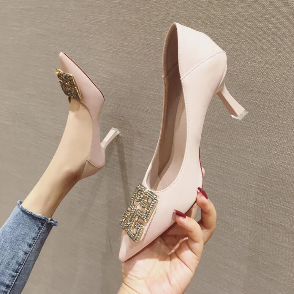 高跟鞋女踩跟女鞋秋季时尚浅口尖头职业工作单鞋女橡胶底 黑色7.