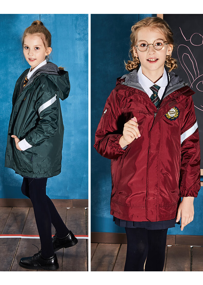 伊顿纪德校服冲锋衣男女学生连帽可脱卸式保暖外套中长款10012 墨绿色