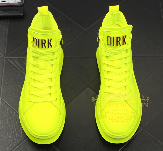 男鞋漆皮亮皮板鞋男士高帮白色休闲鞋新款荧光绿潮鞋2020 平底荧光黄