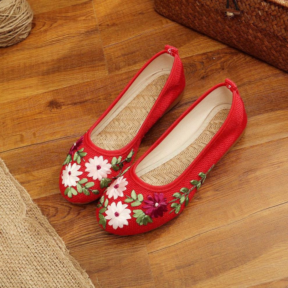 老人凉鞋女妈妈凉鞋软底丝带绣亚麻牛筋底舒适透气云南民族风绣花女鞋